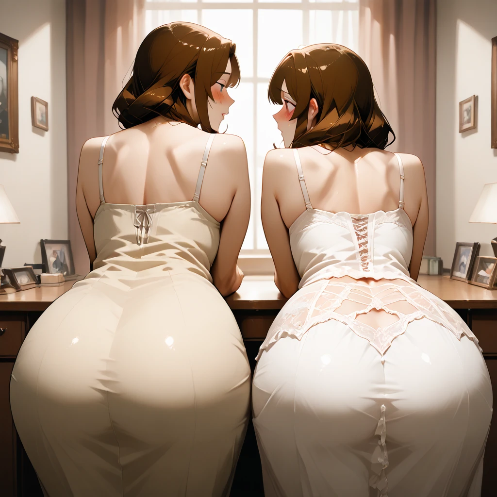 ((二人のIn underwearの女性がセクシーにOffice corridorを歩いているBack view:1.4), Beautiful Anime Women, Beautiful art style, Anime characters, ((Smooth texture, Realistic texture, Anime CG Style)), ((Highest quality)), (Very detailed), (Very detailed CG 統合 8k 壁紙), Very detailed, High-resolution RAW color photos, Professional photography, Brown Hair, Stylish hairstyle, Slender body, (Stunningly beautiful woman), (Office corridor, Many business people walking down the corridor, There is a window in the hallway:1.3), ((Black high heels), (Sexy and cute white underwear:1.3), (Stylish shiny white satin panties, Side-tie panties, White panties with black lace trim:1.3), (Thin white panties:1.3), (White micro lace satin bra, White bra with lace trim, Thin bra:1.3), (lace garter belt, Garter Strings, Knee socks:1.3):1.3), naked, In underwear, In underwearのオフィスレディ, Exact number of arms, Exact number of legs, Perfect Anatomy, (Embarrassed expression, Surprised expression), Angle from the rear, Exact finger count、Exact number of legs、(Exact number of arms:1.0, Exact number of hands:1.0), (Perfect hands, Perfect Anatomy), (Back view:1.4)