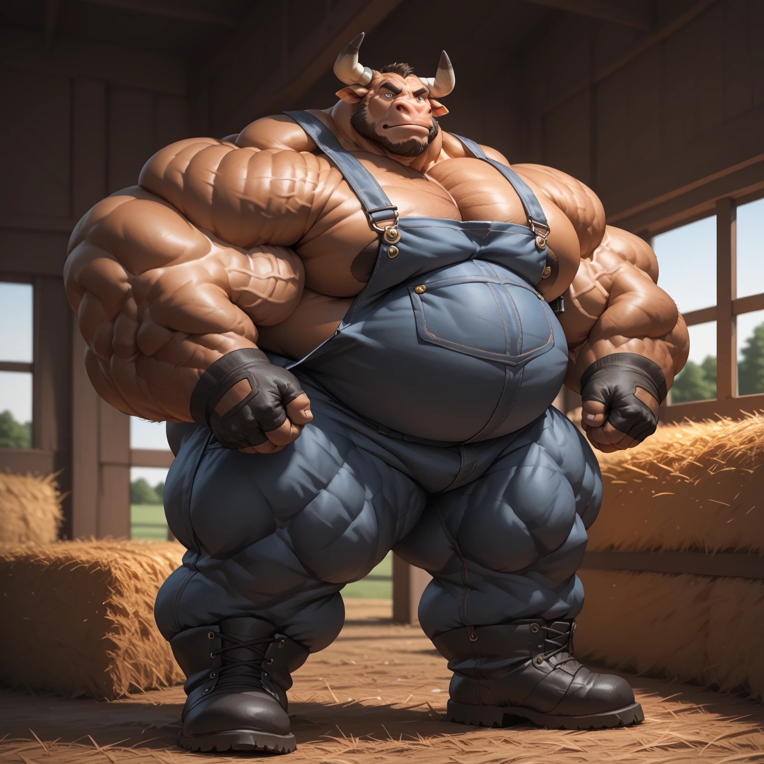 Tall, massive, gigantic, giant, deathclaw, mature, matriarch, bare midriff, large horns, smiling, looking at viewer, (massive breasts:1.2), cleavage, large areolae, muscular, chunky, thick, heavyset, brawny arms, wide waist, thick torso, wide torso, thicc, three fingers, female, dark_beige_scaled_body, spotted_scales, green eyes, solo, Masterpiece, best_quality, absurdres, highly_detailed, cleanly_drawn_eyes, anthro_only, by_claweddrip, by teaselbone, by snao, (by darkgem:1.3), denim shorts, (large bulge:1.3), futa, highly detailed crotch, powerful thighs, (tank top:1.5), fingerless gloves, thick claws, fallout setting, post apocalyptic setting, desolate city, grimy, blurred figures in background, heavy, (bulky:1.5), extremely low angle view, looking down at viewer, bodybuilder, from_below, close up, (hands on hips:1.4), bara,