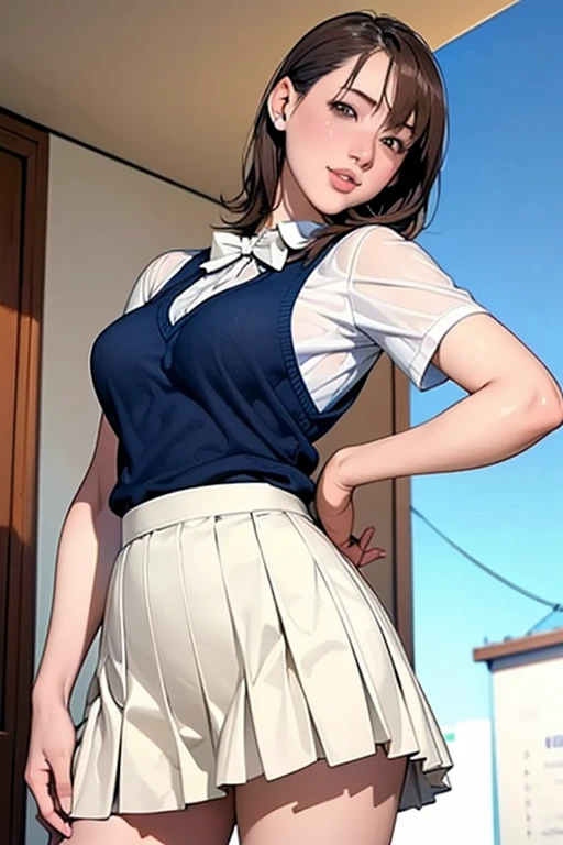 (masterpiece:1.3, Highest quality, Ultra-high resolution, Super detailed), (Realistic, photoRealistic:1.4), Beautiful illustrations, Perfect lighting, Natural light, colorful, Depth of written boundary, Surrealism,
Beautiful detailed hair, Beautifully detailed face, Beautiful attention to detail, Beautiful clavicle, Beautiful body, Beautiful breasts, Beautiful thighs, Beautiful feet, Beautiful fingers, Shiny skin, Baby Face,
((Recall, From behind, From below)), 1 Girl, high school girl, (Perfect Anatomy, Anatomically correct, Highly detailed skin), Cute and symmetrical face, Perfect Face, Perfect Eyes,
(Long Hair, Straight hair, Side Lock, Dark brown hair), bangs, Yellow-green eyes, Droopy eyes, Big eyes, Long eyelashes, (Large Breasts:1.2, Captivating thighs), thin, Excellent style,
((Detailed cloth texture, break,break, White collared shirt, break,break, Light brown knit vest, break,break, Navy check pleated skirt, break,break, Blue bow tie), break,break, White socks, Black Loafers),
(Beautiful views), evening, (Station stairs, Climbing the stairs,), Skirts that turn over in strong winds, Stylish white panties hidden under a skirt, Hands on hips, (Falter, Embarrassing),