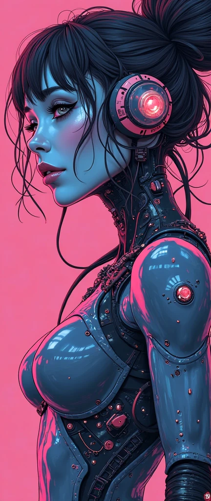 1 woman, cyborg wires 
hanged in the air 
(full body) perspective, wide shot 
long black hair
 turtleneck sleeveless
 purple orange and cyan 
  shadow  ghost
anime illust  
art by  Harumi Hironaka Yoshitaka Amano Bill Sienkiewicz Zdzislaw Beksinski