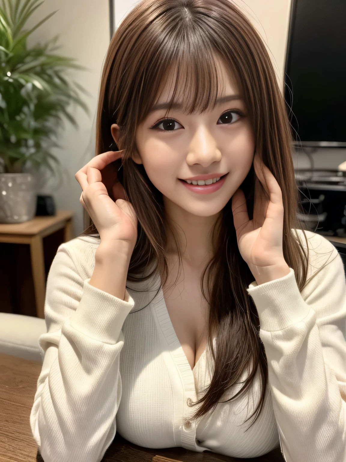 (Skin blemishes:1.2),1womanl, 18 years old, (((femele))), (Skindentation), a gorgeous, solo, realisitic, top-quality, Photorealsitic, ​masterpiece, 8K, hight resolution, solo, extra detailed face, cowboy  shot,  passport photo, fullface, (profetional lighting、bokeh dof), (light particules、lensflare、Luminous particles:0.6)、(dynamicposes:1.2)、Soft lighting、Top Angle View、Fashionable and trendy atmosphere、((Look at viewers))、 (looking in camera)、(portlate:0.6)、is standing、Upper body、close up of face、(large breasts:1.5)、(The long-haired)、brown haired、Floating hair、Nass、s lips、lipsticks、seducting smile、Sweaters、jaket、skirt by the、Black-rimmed glasses, (slim body:1.5), (good fingers:1.5),