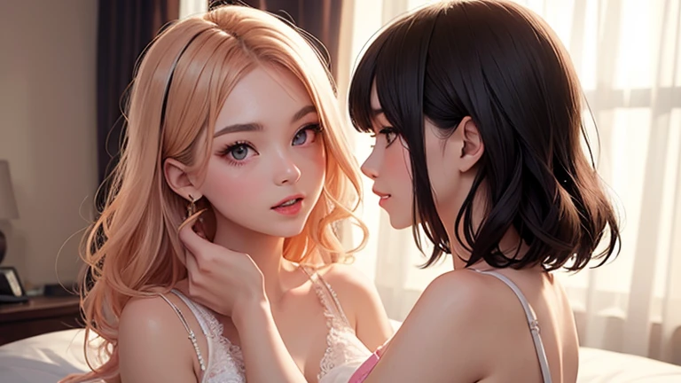 Realistic, 2 girls, selfie, face sitting on extra large zoom bed, face enhancement, smile, looking up, looking here, cleavage emphasis