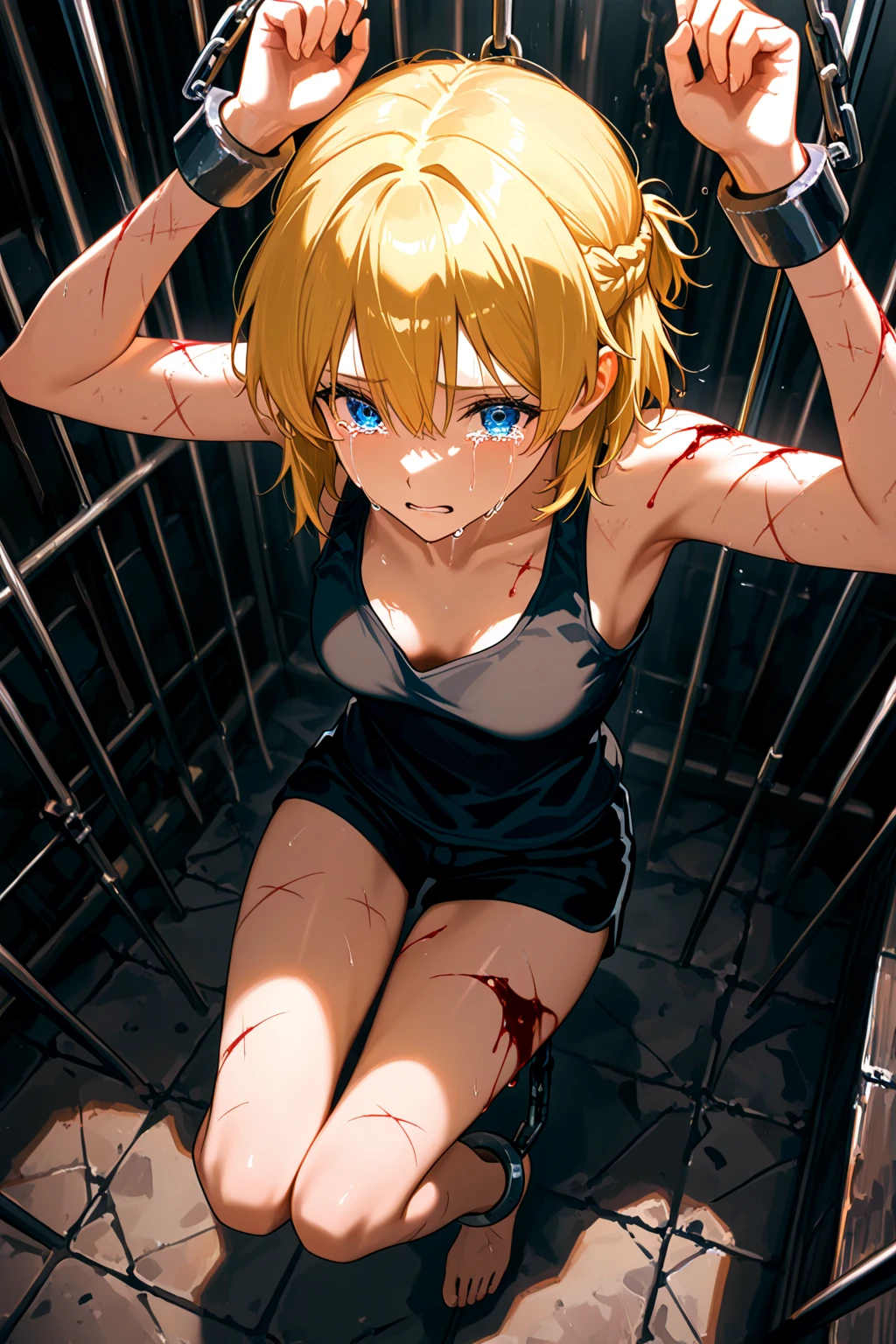 Solo character, full body version, baby ??? girl, blonde hair, short haircut, one eye covered by hair, green eyes, cute face, bra clothing, torn shorts, poor girl, without shock, without shoes, her neck has iron handcuffs, her hands have iron handcuffs, sad, sad eyes, smile mouth, indoor room Prison, detailed shadow, sit down gesture, blood in Character, injuries, injuries blood in face