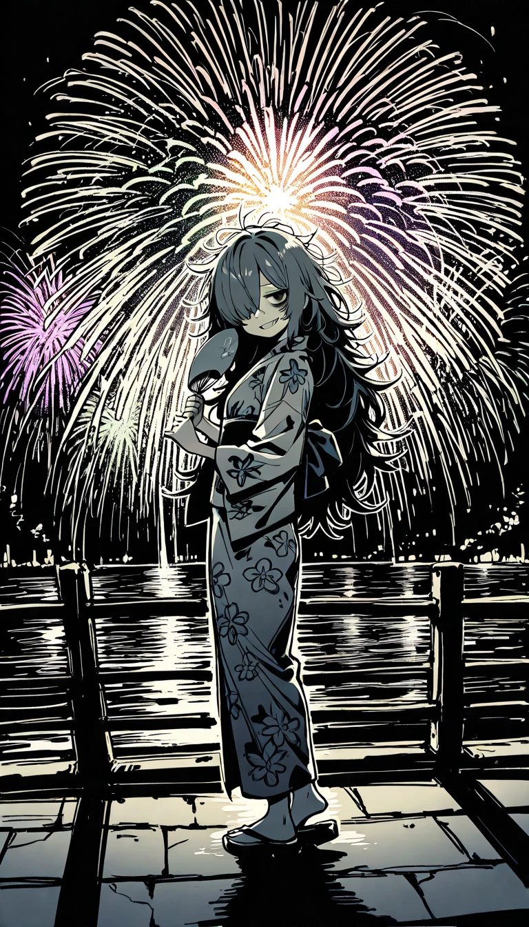 <lora:omao:1>, omao, monochrome, greyscale,
1girl, :d, bangs, blush, breasts, brown hair, bucket, cleavage, clouds, cloudy sky, collarbone, eyebrows visible through hair, fingernails, fireworks, floral print, from below, hair between eyes, hair ornament, hand on own knee, highres, holding, japanese clothes, kimono, large breasts, long hair, long sleeves, looking at viewer, night, night sky, open mouth, outdoors, round teeth, sandals, senkou hanabi, sky, smile, solo, sparkler, squatting, star \(sky\), starry sky, teeth, tree, two side up, violet eyes, yukata