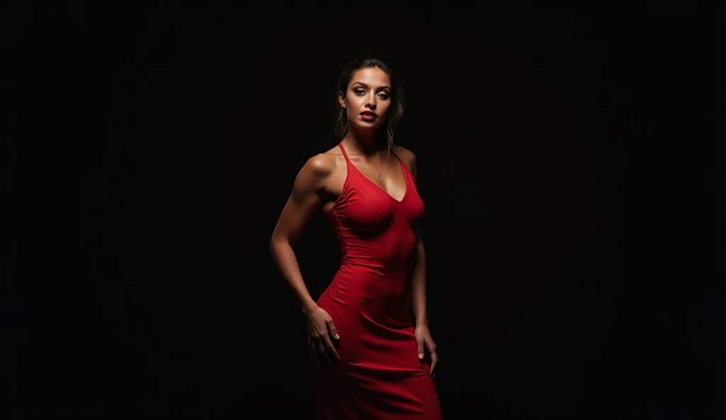 Ronda Rousey with long smooth hair, wearing a long red dress, red lipstick, posing gracefully, high quality 8k, photorealistic, cinematic lighting, detailed facial features, elegant and feminine