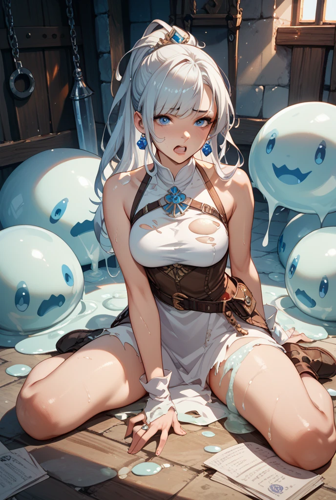 ((best quality)), ((highly detailed)), masterpiece, ((official art)), (detailed eyes, deep eyes), (1girl:1.33, solo), <lora:girlsInGlassJars_girlsInGlassJarsV1:.6>, (shrunken), (glass jar), mature woman, slime-girl, melting, wet slimy skin, ((grey colored slime_(substance), red colored skin)), (colored skin), navel, large breasts