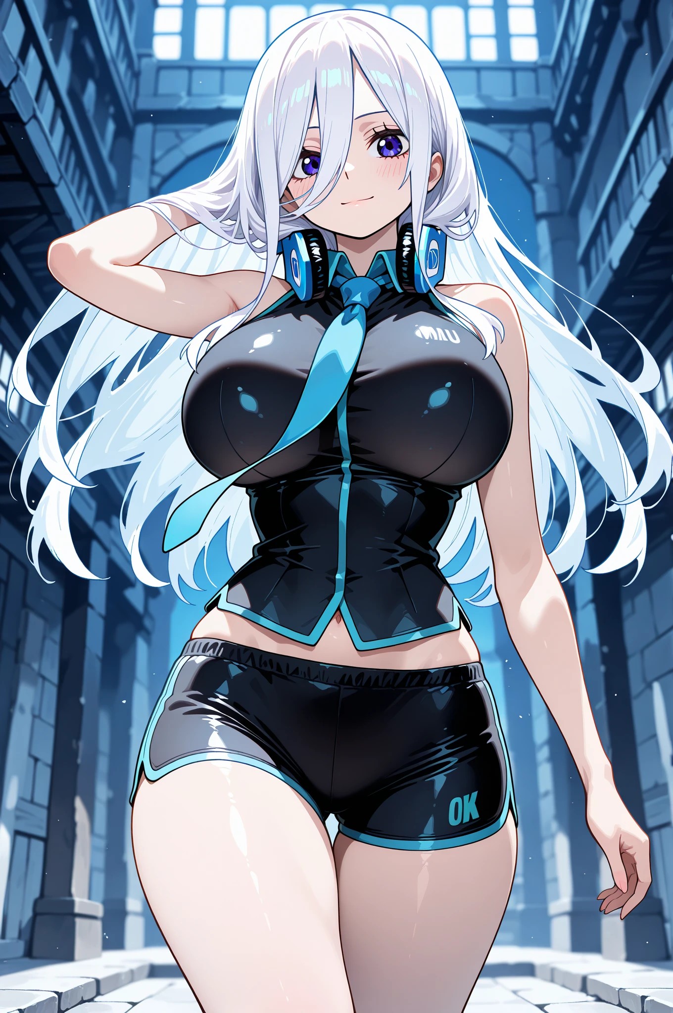 1girl, dark skin, dark-skinned female, police uniform, police, white hair, long hair, blue eyes, police hat, large breasts, thick thighs, futuristic, neon trim, science-fiction, machinery, tech, blue trim, glowing eyes, toned, cute face, mature female, hourglass figure, neon, one-piece swimsuit, competition swimsuit, medal, black swimsuit, badge, police badge, ((badge)), tall