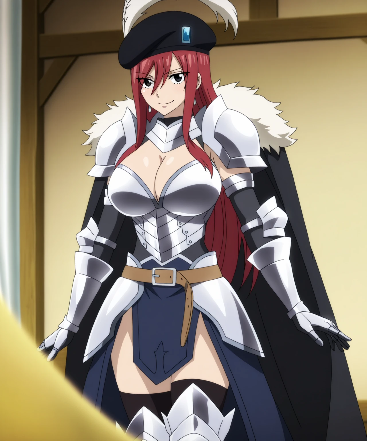 1girl, solo, Erza Scarlet, Fairy Tail, red hair, long hair, facing the viewer, looking at the viewer, sidelocks, black pirate uniform, (long sleeves), (long coat), epaulettes, big breasts, cleavage, belt, black pants, gloves, black wide-brim pirate hat, black hat, closed mouth, indoors, (dark background)