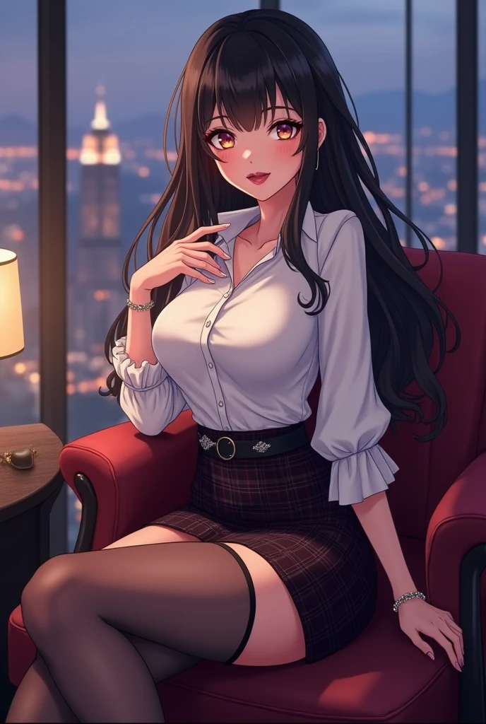 a woman wearing a black skirt, black sheer nylons, high heels, and a skimpy white blouse in a cafe, looking cute and at the viewer, realistic, high quality, 4k, photorealistic, detailed facial features, beautiful detailed eyes, beautiful detailed lips, extremely detailed face and eyes, long eyelashes, warm lighting, cinematic, elegant, sensual, atmospheric cafe interior, delicate, feminine