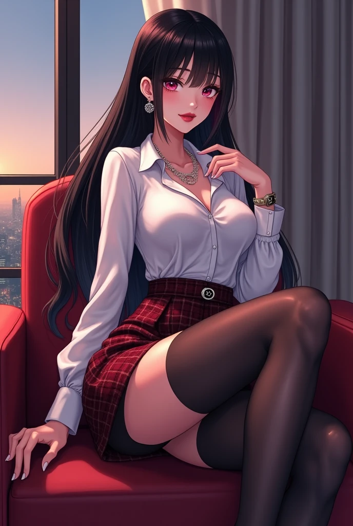 a sexy girl in blouse and skirt sitting on an armchair with her legs open showing her underwear, long stockings, upskirt, camel toe, sexy underwear, medium breasts, (very detailed), (perfectly detailed face), (perfectly detailed face), (detailed hand),