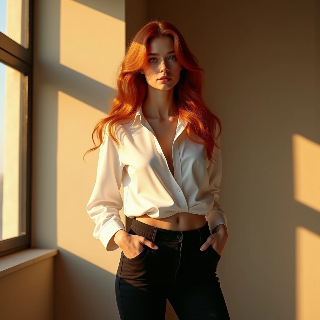 (full body shot shot:1) photorealistic image of a (sitting pose:1) Ultrarealistic, fot, long redhead hair, Woman, 24 years old, hourglass figure, perfectbody, seducing gaze, natural ??????????????, blur the background, She is standing in a studio with a black background., she is wearing a ??????????? blouse and tight black shorts, It's a dark night outside the window, the moon is visible through the window, naughty smile, She's playing with her hair INFO