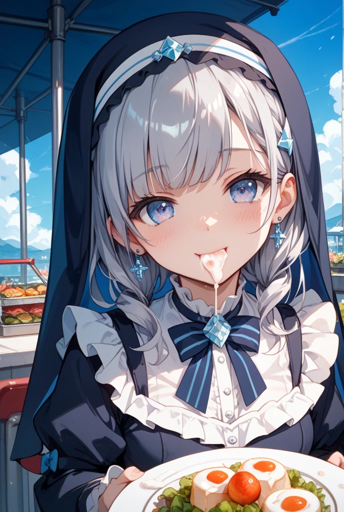 best quality, masterpiece, eating ice cream, (close up:1.2), from side, face focus,
1girl, takayama maria, silver hair, flat chest, blue eyes, long hair, nun, looking at viewer, indoors, happy, (blush:1.4), popsicle_in_mouth , lean over, tongue out,
<lora:Kizuki - Haganai Takayama Maria:0.82>
