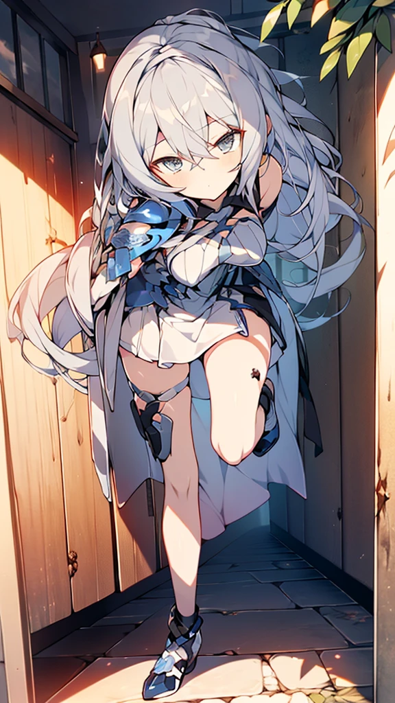 ((full body)),Teenage Girls in Anime, Blue and grey metal armor, Blue hand and thigh accessories, Short dark blue-gray hair, hair accessory, Grey Eyes, Silver earrings, nose, Curious, Healthy Skin, Very dirty, head, shoulder, Small box, arms, Have a map, Narrow waist, feet, Medium thighs, Has black robotic legs, cute, Bright colors on the shirt, Futuristic marble white palace, Shining light in the sky, Stand next to a wall, Cinematic Light, High resolution, Highest quality, Super detailed, Detailed face, (Detailed eyes), Highest quality, Super detailed, masterpiece, (Detailed face), Beautiful face, feetを見せて, short hair