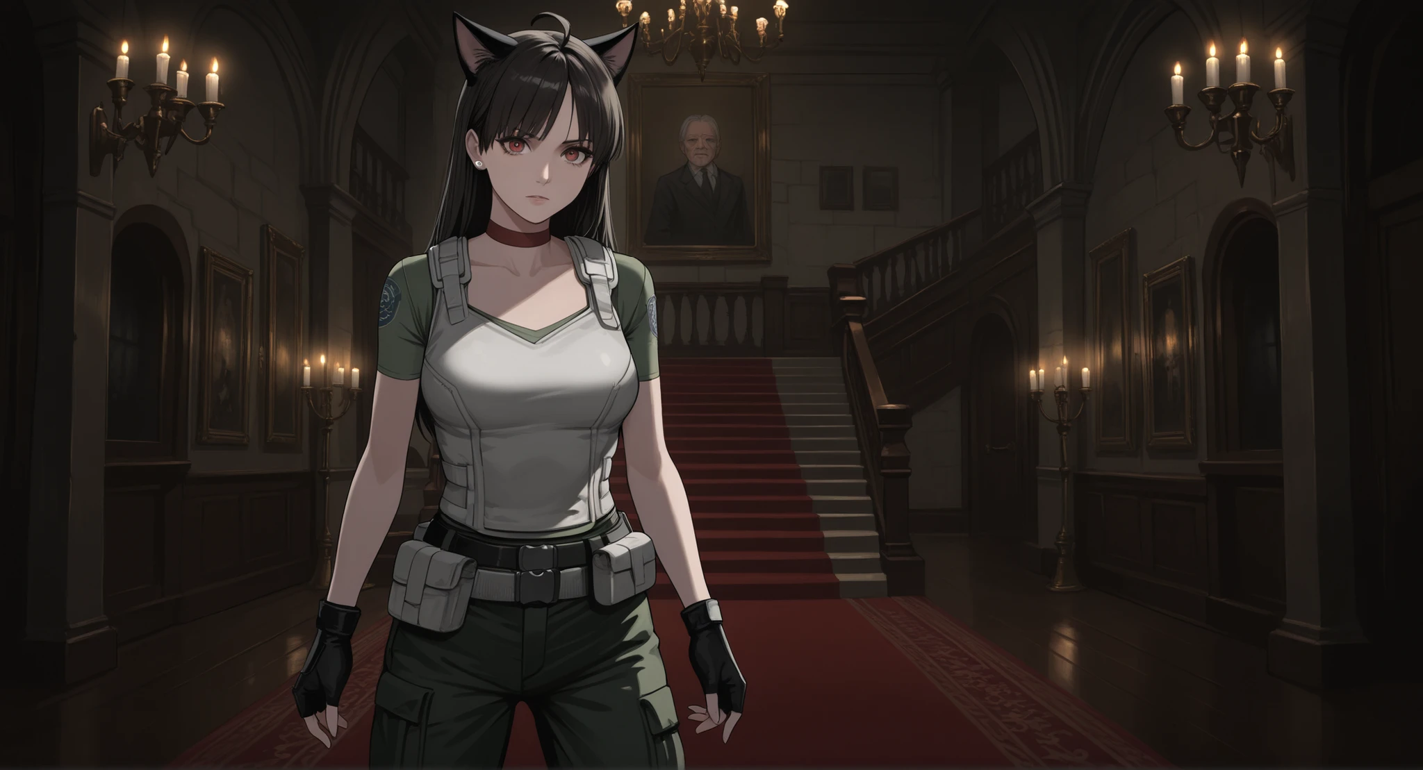 Rebecca Chambers from resident evil, masterpiece, best quality, 1girl, solo, rbchm, medium breasts,((cat girl, cat black ears)), (red eyes), (long hair), (( black hair, (Ahoge), straight bangs,)), , with a black off-shoulder blouse,short black skirt,, stud earrings, red choker, white vest, green shirt, short sleeves, belt, belt pouch, fingerless gloves, black gloves, green pants, cargo pants, upper body, looking at viewer, mansion, dark theme, cara seria, indoors, Elegant colonial room with red carpet and hanging candlesticks ,wooden floor, Ancient 2 -story mansion with huge paintings decorating the wall of an old man, central stairs that lead to the second floor, in the corners are listed of knights,
