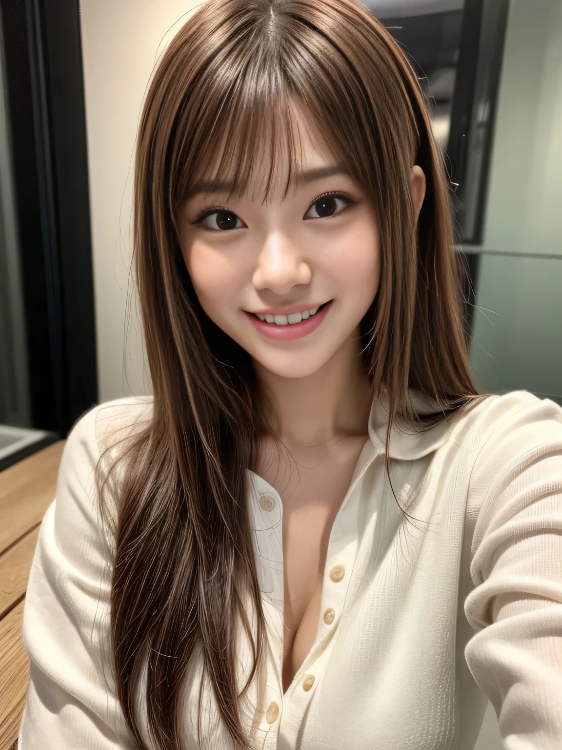 A beautiful Japanese shy girl, age 20 years old, light honey long hair, brown eyes, shiny lip, shiny hair and shiny body, wearing white slip dress, in dark room, light shine in, ecstatic expression,
