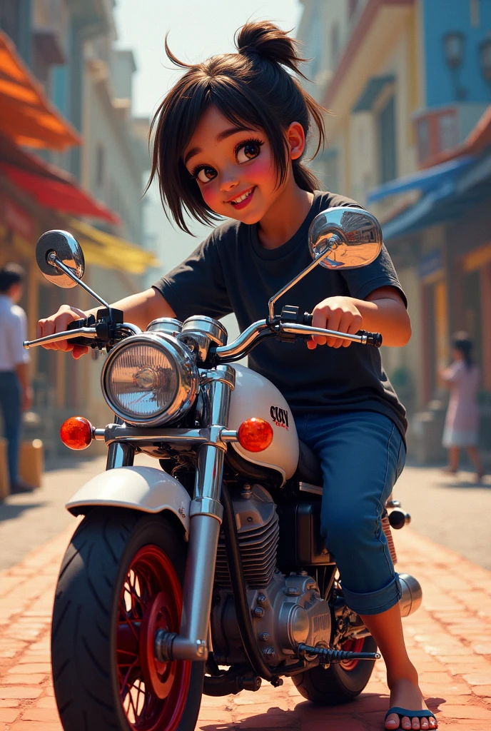 ((3D, best quality: 1.3)), ultra-detailed, SK, ((((solo))), full body, (close-up of a 5-year-old baby ((afro-futuristic)): 1;15), wearing casual, current fashion, black t-shirt short, (((white shoes))), (short kanekalon hair; 1.15), (well-defined symmetrical face, expression of happiness: 1.12), riding a red motorcycle, (((detailed and sharp facial expressions)), autumn, sunset, floas in the wind, warm and soft dark luminosity, motion blur, magnificent blue sky, unreal engine redemption