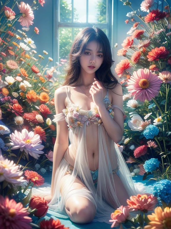 ((((8K))),((Extremely detailed CG)) ,(wallpaper),16K,((Very sophisticated and beautiful)),(((masterpiece))),(((Highest quality))),(((Ultra-high resolution))),Mysterious natural light,(Realistic scenery:1.4),Single-lens reflex camera,break, ((1 girl)),24-year-old Japan beauty,(Sensual look:1.2),(Gradient brown hair,Shiny Hair,Innovative hairstyle:1.2),light makeup,Simple and natural makeup,double eyelid,Beautiful Eyes,Beautiful Eyes,Soft white skin that shines in every detail,Pale skin,Golden Ratio Face,Very well-shaped face,Detailed information,Lips Detail,Glossy, beautiful lips,Glossy lips,break,(8 heads,Perfect figure),(Beautiful back,Beautiful C Cup Breasts),(Strapless nightgown made of flower petals,Visible butt:1.3),(Mr.々Colorful flowers,Fully decorated:1.3),(Long legs,Tight big ass:1.3),break,((Lobelia flower field,Flowers in full bloom,Pasture)),Lying on your back,Shooting from the hips to the head,Photograph the whole body,Shot from above