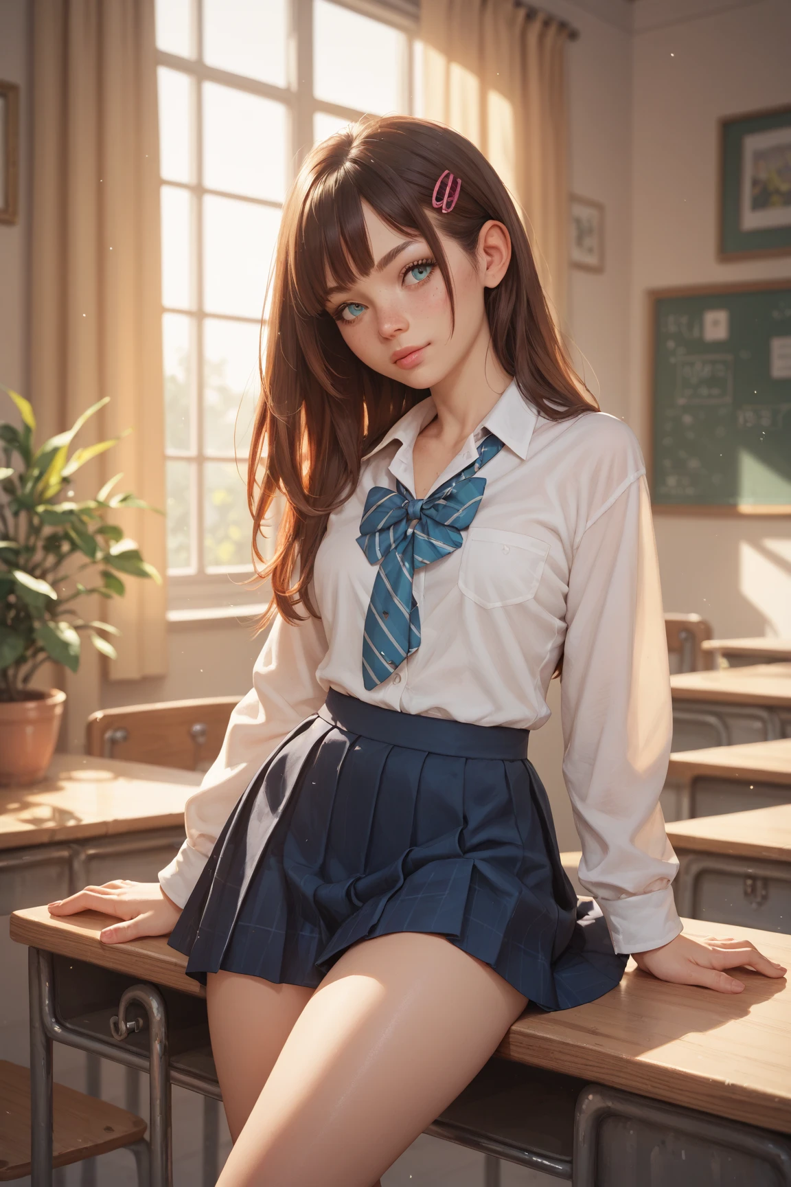 photorealisim、top-quality、超A high resolution、NSFW、Japanese high school  girl、girl wearing school uniform、Spread your legs in an M shape on the desk、Hands behind your back、She opened her legs wide、Show off your panties、Looking at the camera、((Close-up in panties:1.2))、((blondehair))、((Pink Satin Panties))、Light blue shirt、Dark blue tartan plaid pleated skirt、Dark blue socks、Detailed cute and beautiful face、(pureerosface_v1:0.008)、Brown-eyed、eye liner、red blush、embarrassed from、glares、 shiny lips: 1.4,  humiliated、impatience、Frightened、Panty appeal、red blush、is crying、Crying、open one's legs、Disheveled clothes、Dressing、Wearing sweat、Medium Long Hair,in class room,