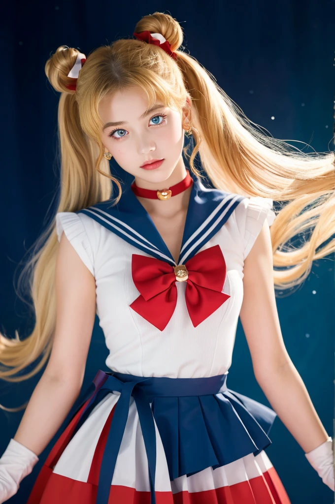 masterpiece, Highest quality, Sailor Moon,One girl, Long Hair,jewelry, Sailor Warrior Uniform, Blue sailor collar,Blonde, Red choker,White gloves, Twin tails, Red Bow, Blue Skirt, blue eyes, Hair Bun,
