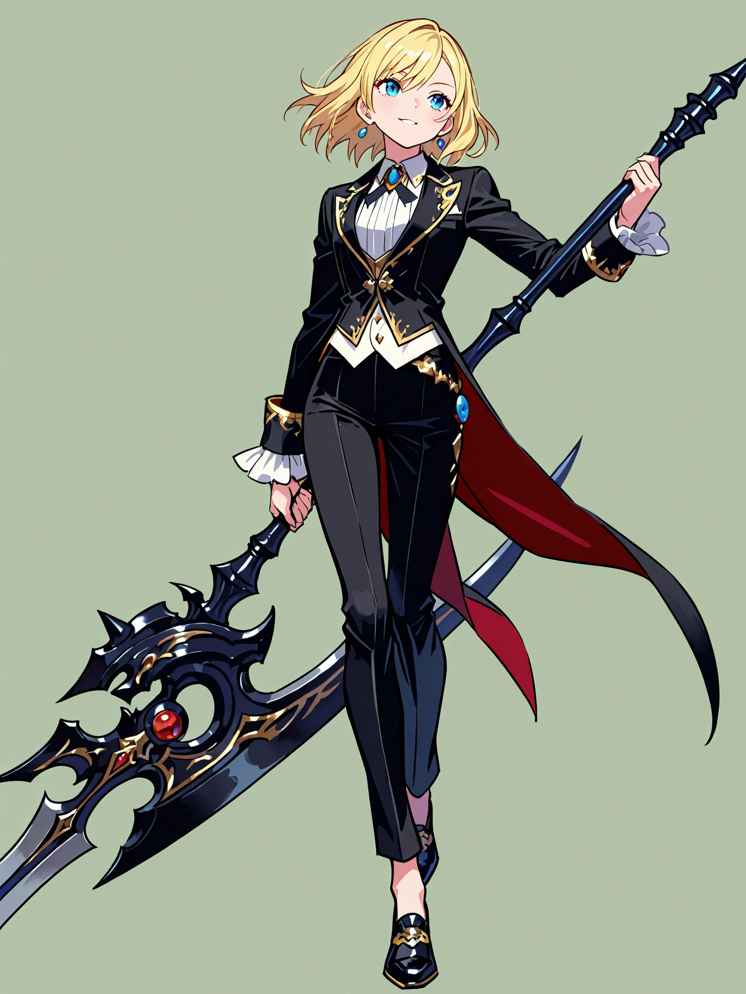 masterpiece、top quality、Super Detailed、High Definition、8K Quality、Fantasy world clothes、simple background、simple background,moving violently 、black outfit、Formal Wear、black shoes、LIP,A relaxed expression、very big weapon