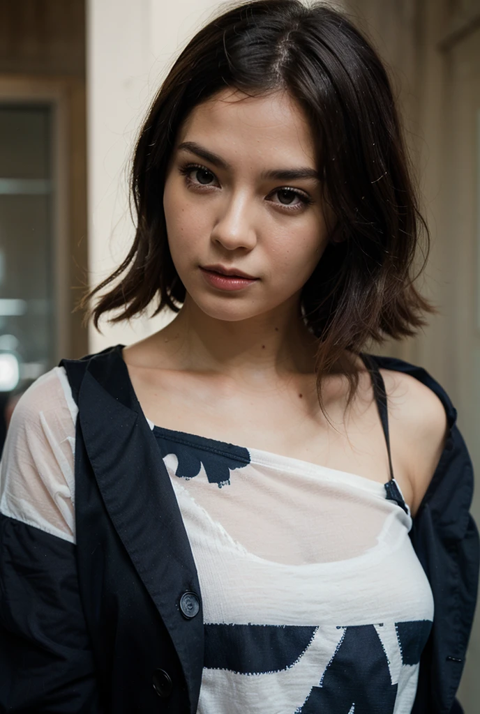 (Best quality, 8k, 32k, Masterpiece, UHD:1.2),Photo of Pretty Japanese woman, large breasts, very short bob hair,upper body,face focus,oversized_sweater, necklace, background, from above, looking at viewer,