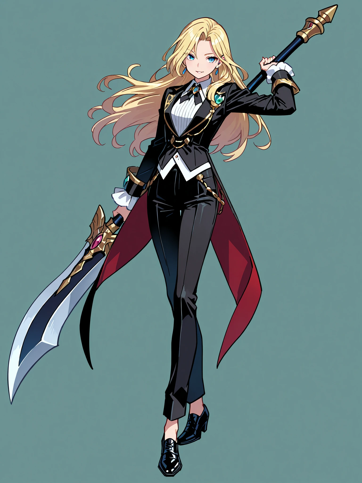 masterpiece、top quality、Super Detailed、High Definition、8K Quality、Fantasy world clothes、simple background、simple background,moving violently 、black outfit、Formal Wear、black shoes、LIP,A relaxed expression、very big weapon
