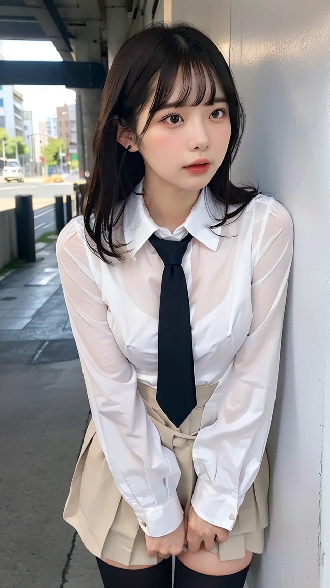 (Masterpiece), (Ultra High Definition: 1.0), (Detail, Masterpiece, Delicate, Detailed), (Beautiful and cute girl with white and smooth skin), (hair in a light brown tie), (face), (portrait), (wearing office clothes), (wearing a black tie), (wearing a black skirt), (being in the supermarket)