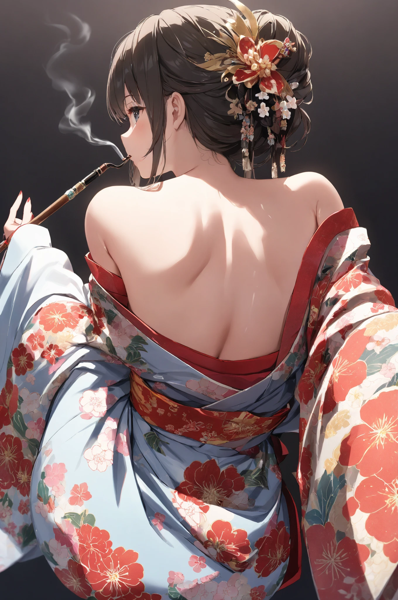 ((Highest quality)), ((masterpiece)), (detailed), One person, Off-the-shoulder sweater, Twelve-layered kimono、light green kimono、Back view、Lantern、Twilight、Tatami room、autumn leaves
