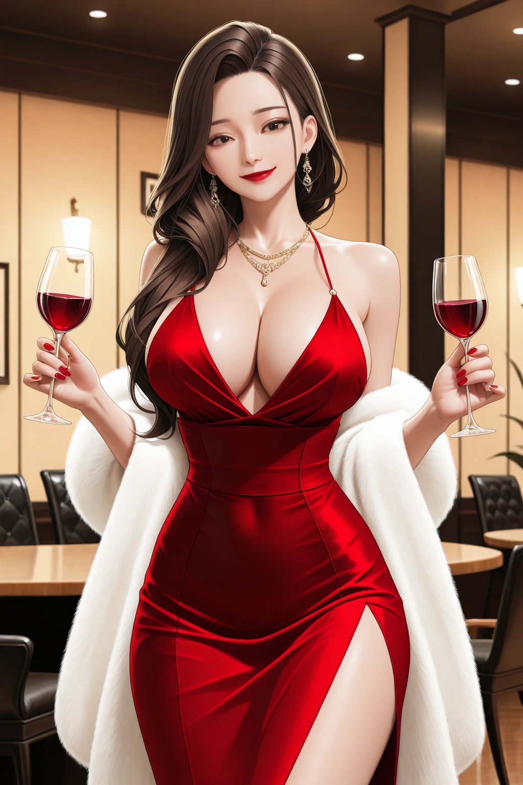 White woman、black hair、long hair、Hair becomes wavy、navel, large breast, Beautiful legs、erotic、Great proportiony hips are constricted、hand on hip、party hall, Hair in the eyes((hair over eyes))、smile, tall, leggy,