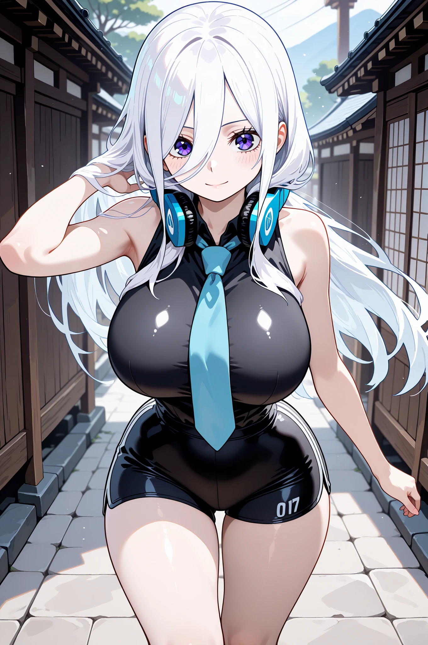 1girl, super cute, innocent, medium large breast, leaning_forward, (holding her chest herself), perfect body, full of delight, smiling full of compassion, blushed. incoming kiss, fish kiss, half closed eye, half opened mouth,(extra long hair in high pony, beautiful blonde hair), (wearing round girl costume, putting on pin heel sandal ), ( the costume is glossy white silver fabric, shining like metal, flashy decoration), (full body shot), (focus on slim curve), In the ring of a martial arts arena, dazzling spotlight
