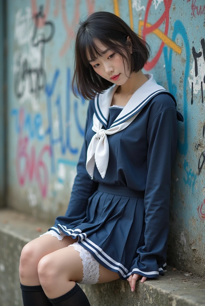 realistic, 1girl, eye glasses, shy, blushes, sitting on bench, abandoned school, sunset, dark skies, bob hair, hair bangs, white sailor uniform top, cleavage, big bust, tummies, short skirt, tights, knees,