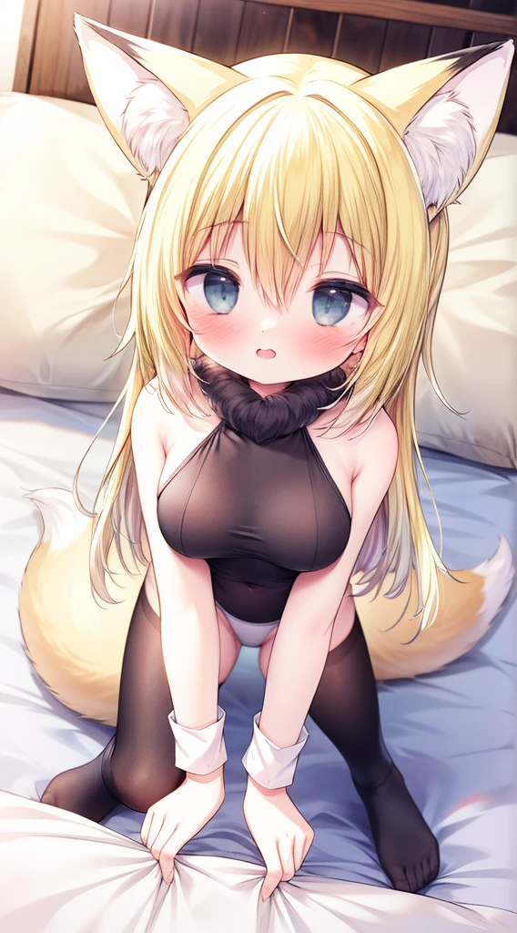 (masterpiece, best quality) junior,detailed, (beautiful,small breasts), blonde,long hair, side ponytail(tied to the left),Hairpin decoration with gold butterfly, elegant, (fox ears),nine tailed fox tail, red eyeshadow, golden eyes, femur,black pajamas,ruffle pajamas,Bedroom Background,Lying in bed,girl,yandere,Wearing black tights,cum in pussy,spred pussy,cum drip