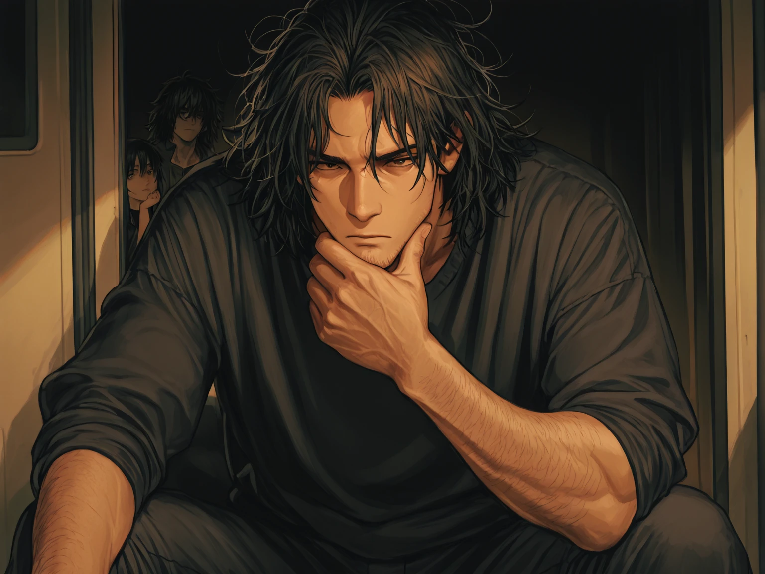 Handsome man, emerald eyes, black hair, long black hair, pale skin, casual clothes, bara, sad expression, going through breakup