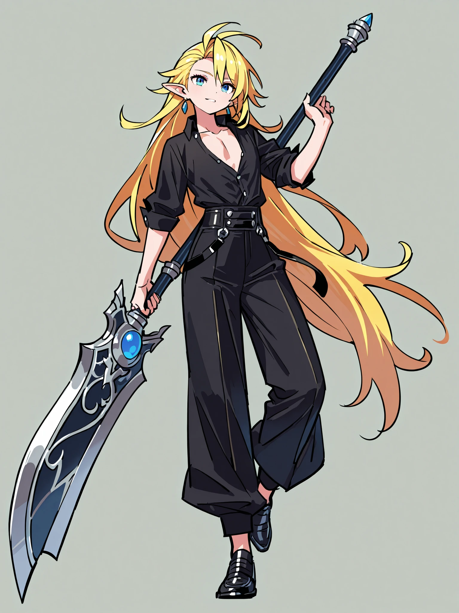 masterpiece、top quality、Super Detailed、High Definition、8K Quality、Fantasy world clothes、simple background、simple background,moving violently 、black outfit、button shirt showing chest、Long pants 、black shoes、LIP,A relaxed expression、very big weapon、Deformed character