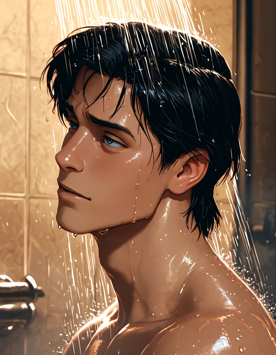 A handsome man with a big chest in a bathtub, candle lit bubble bath, big pecs, attractive male, sexy masculine, relaxing, handsome male, oppai, oppai proportions, cinematic lighting, high contrast, vivid colors, 8k, masterpiece