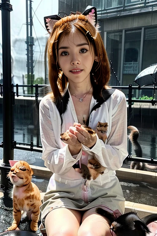 20 years old girl, perfect shape body, pink floral lace dress, bob head,|white and pink hair|, blue pupils, necklace, toothy smile, on grass in metropolitan park, holds corgi dog in arms, reality, masterpiece, super  HD, ultra-realistic, original artwork, 8K, finedetail,