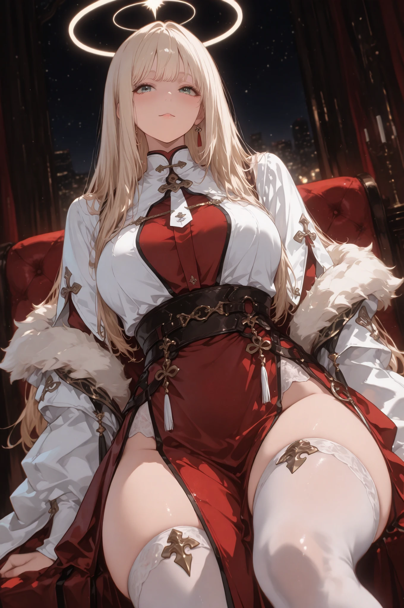 debris flies, highest quality, Highly detailed CG Unity 8K wallpaper, sexy witch , Long length hair、Dark blonde wavy hair、off shoulder knit, dark blue pleated skirt, stockings、medium breasts, saggy breasts, Pose that emphasizes the chest, blush, shy smile, bare shoulders, (((lift up the skirt with both hands、open your legs wide、please open your knees)))、、nice magic book、church bed、lying in bed、、red panties、red bra