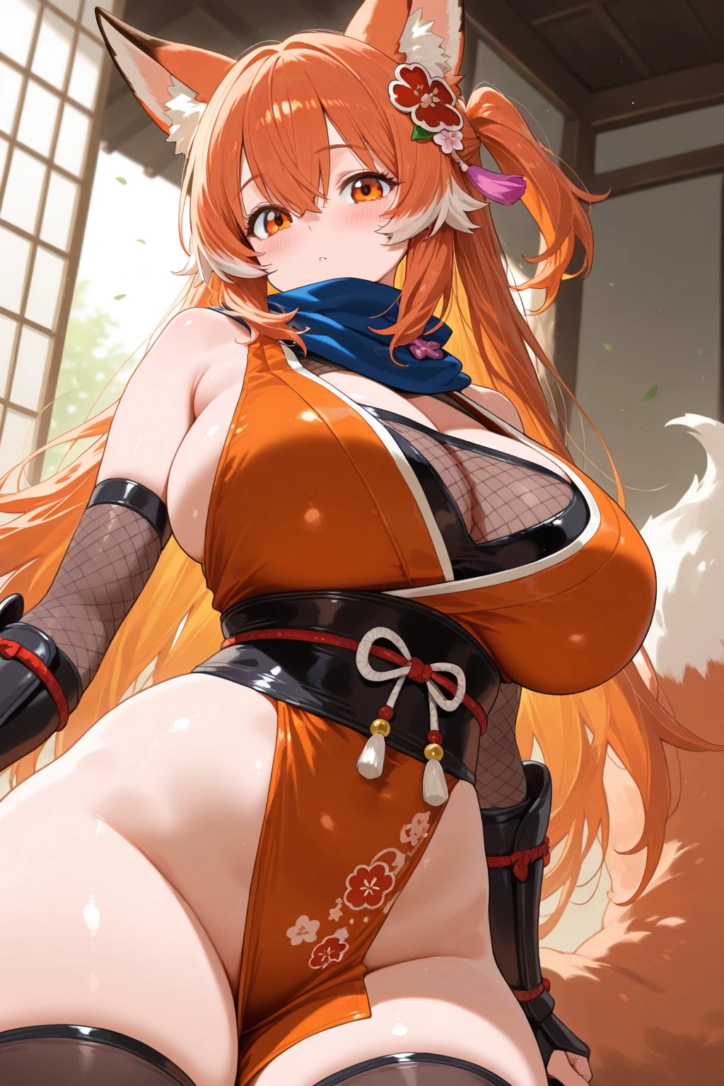 (Masterpiece: 1.5), (Best Quality: 1.5), Perfect Eyes, Perfect Face, Volumetric Lighting, 1 Woman, Mature Woman, (Whiteness: 5), fox ears, fox tail, orange hair, green eyes, massive breasts, massive cleavage, Japanese priestess, Japanese dress, barefoot, seductive smile, water, temple, sexy, wet clothes, wet skin, thick tights,