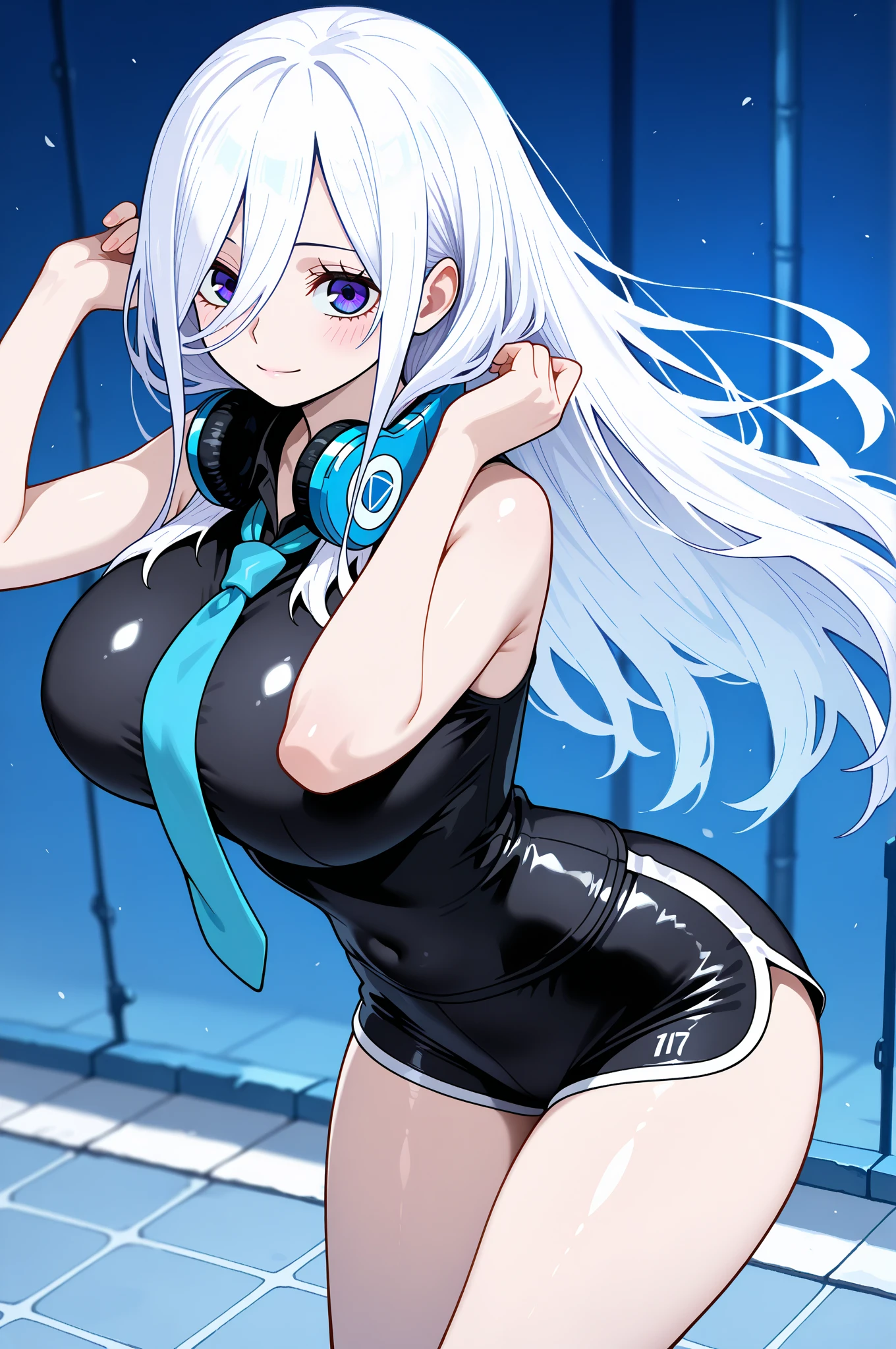 Top quality, best image quality, masterpiece, girl and ((black tank top, short denim shorts, 18 years old, teenager, cute, best bust, big bust, beautiful sparkling blue eyes, wide chest, pink Semi-long hair, slender body, large cleavage, with sniper rifle, headphones, glowing back jet, battle pose, shooting, water splash, ), high quality, beautiful art, background ((space battlefield)) ), depth (Earth), tabletop, depth of field, cinematic style