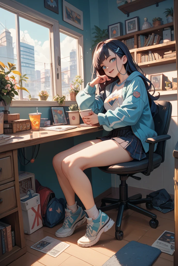 full body character, 1girl, 1 character, with long black hair, a white floral shirt, short shorts and shoes, manga style