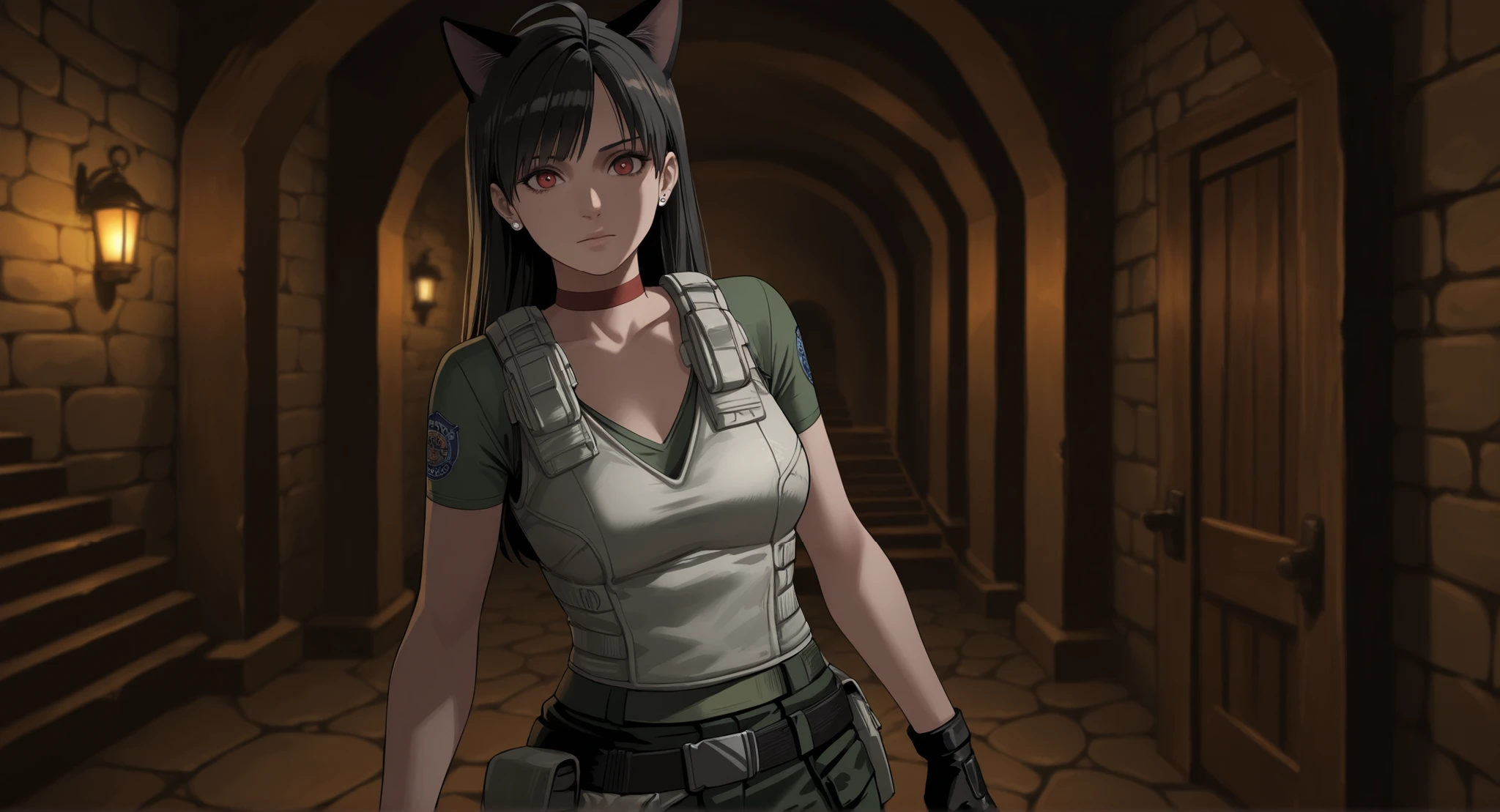 Rebecca Chambers from resident evil, masterpiece, best quality, 1girl, solo, rbchm, medium breasts,((cat girl, cat black ears)), (red eyes), (long hair), (( black hair, (Ahoge), straight bangs,)), , with a black off-shoulder blouse,short black skirt,, stud earrings, red choker, white vest, green shirt, short sleeves, belt, belt pouch, fingerless gloves, black gloves, green pants, cargo pants, upper body, looking at viewer, Within a dungeon, with very yellow bricks thanks to its lighting for torches, thick wooden doors, stone floor, elongated stone corridors, stairs for a floor unevenness,
