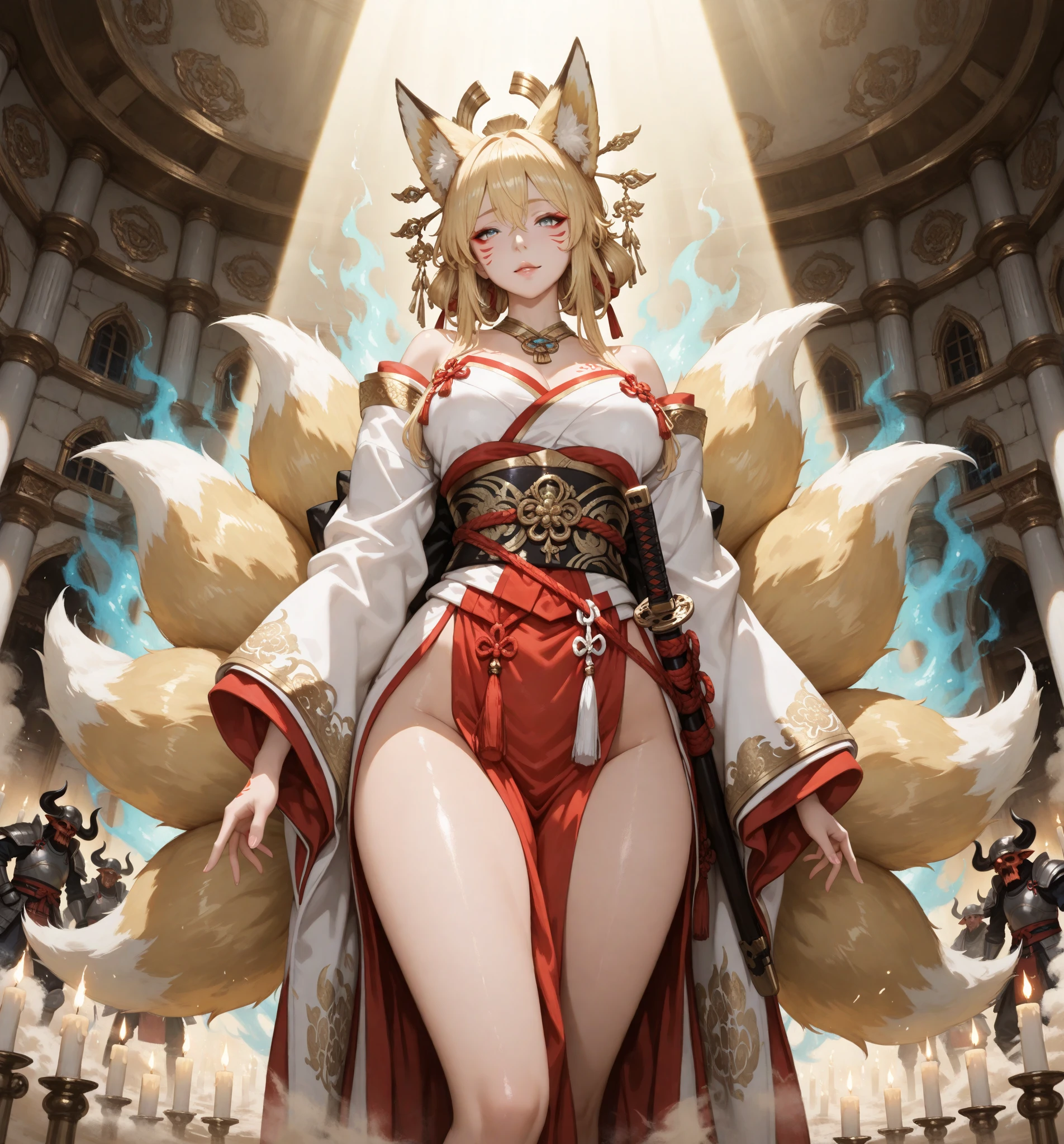 yuanshen,1girl,animal ears,multiple tails,tail,japanese clothes,fox ears,fox tail,kimono,sitting,kitsune,wide sleeves,fox,holding,long hair,kyuubi,hand fan,animal,hair ornament,solo,looking at viewer,long sleeves,blonde hair,rope,holding fan,makeup,bell,torii,mask,fox girl,perfect hands, huge breasts, cleavage, mature, wild hair, (hair covering one eye),full body shot, mature, MILF,