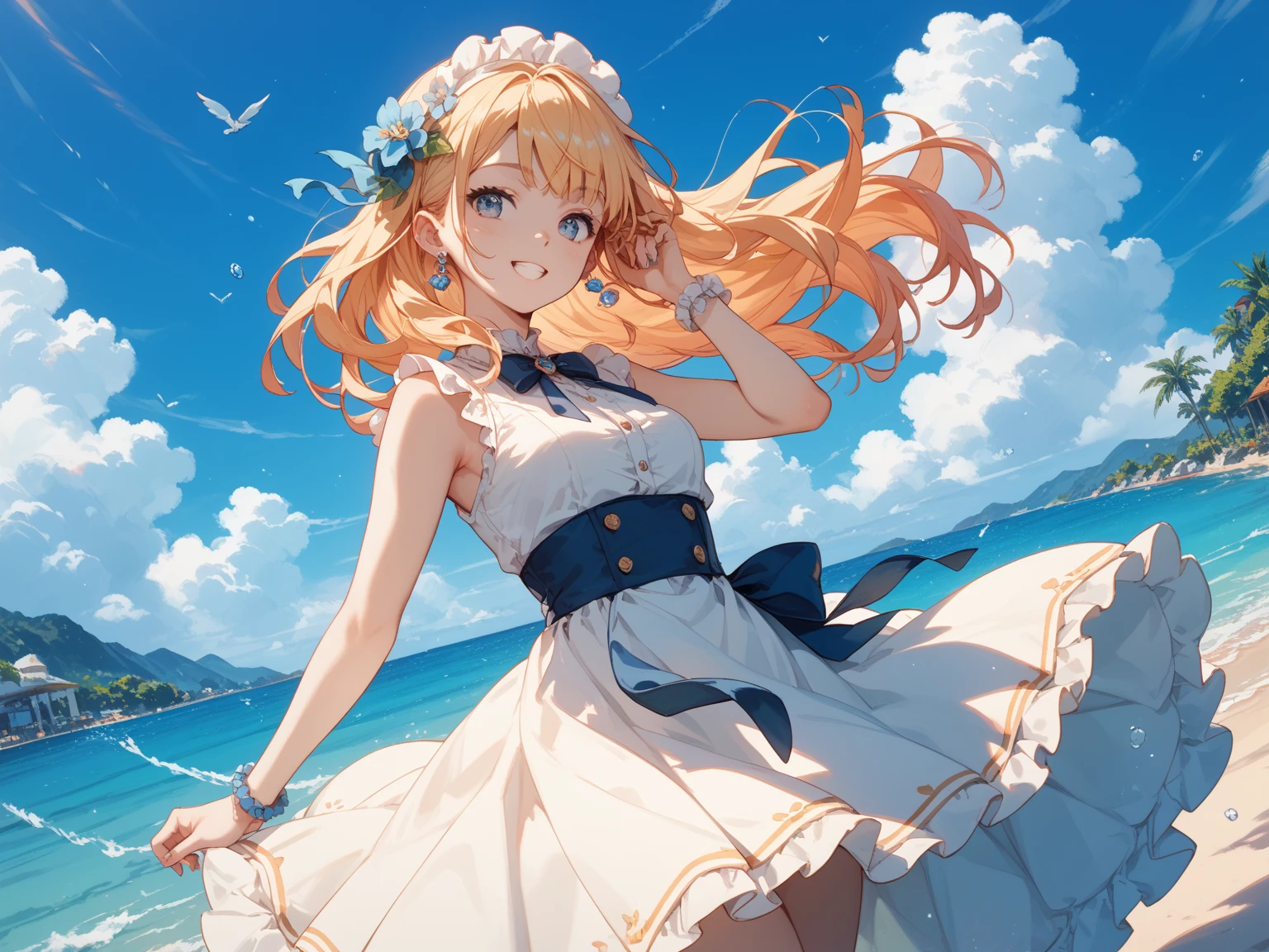 score_9, score_8_up, score_7_up, source_anime,masterpiece, best quality, high resolution, extremely detailed CG, absurdres, highres, 1girl, solo, cowboy shot,cute face, :D, summer beach background, bikini, frills,neondskdrmsxl,babycreamxl, (((((vivid color)))))