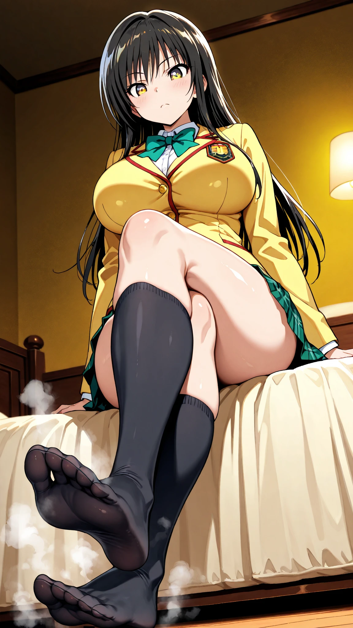 (masterpiece, best quality, ultra detailed, absurdres:1.5) , 1girl, (sexy, beautiful woman, perfect face, perfect eyes, perfect female body, huge breasts)1.5, ((kagomeiy, higurashi kagome, white sailor shirt, green sailor collar, red neckerchief, green pleated skirt, (white panties:1.2) , white socks, loafers, long hair, black hair, spiked hair, hair between eyes, wide bangs, )) , (sitting on a chair, (legs apart, showing panties:1.3) , (yellow stain on bottom of panties, pee puddle on chair Seat:0.8) , (golden liquid running down chair legs, golden liquid droplets failing from edge of the chair:1.0) . (peeing self :1.4 ), (inside a Japanese classroom), perfect lighting, smooth, hdr)