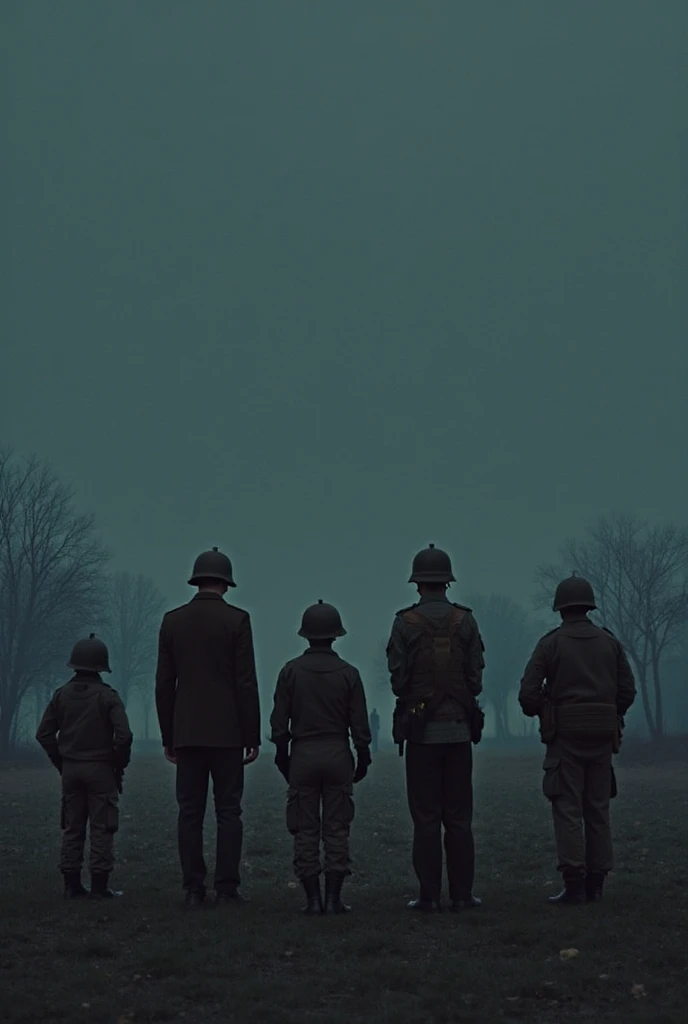 A large group of soldiers, next to a general who was somewhat close to a young soldier, lightly grabbing the general's arm, quite scared, watching from a distance as missiles fell outside their military base while it was nighttime, with snipers nearby
