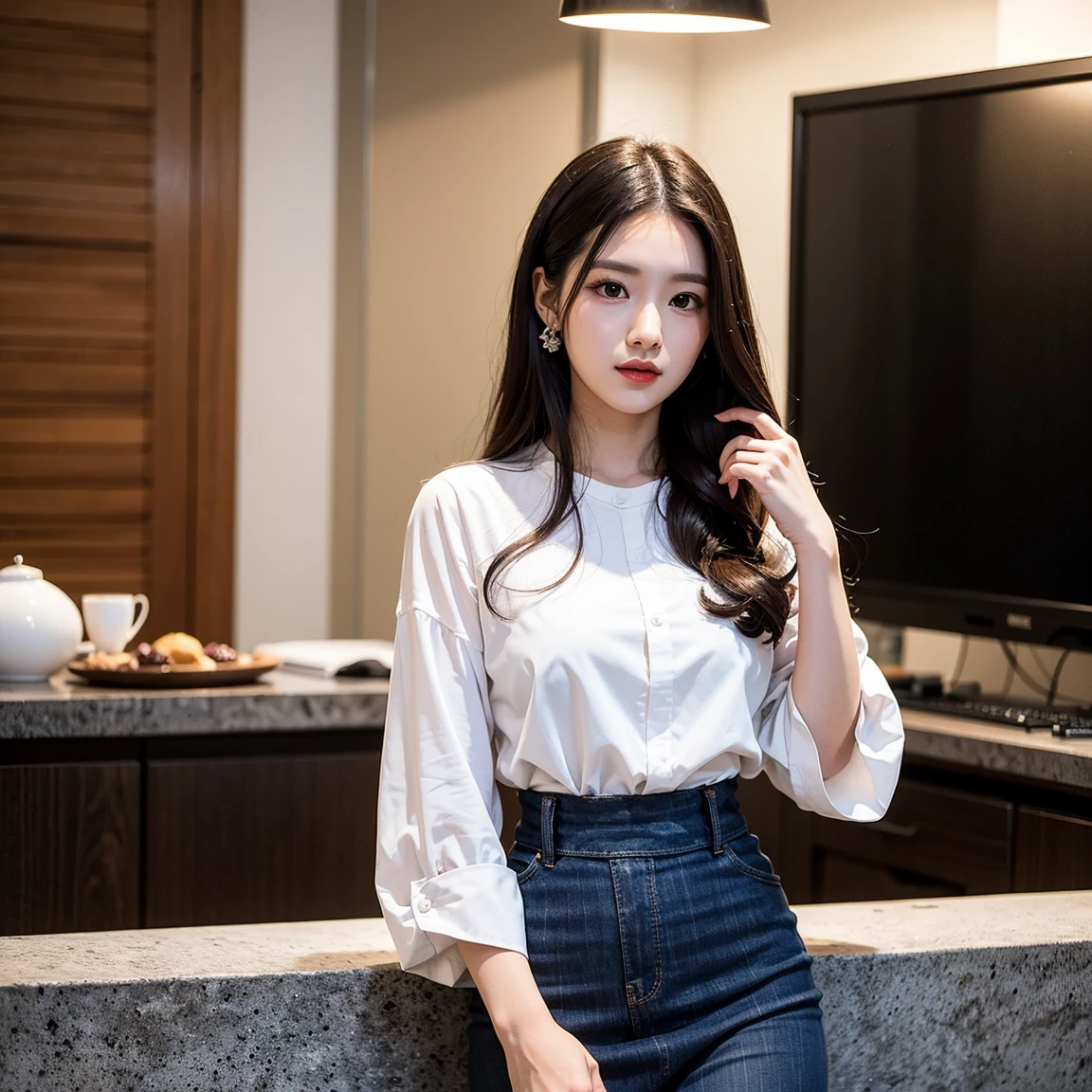 realisticlying, A high resolution, 1 rapariga, ccurateblack hair,  ((Cream stand up collar shirt，denim pant：1.4))，Beads of sweat dripped down the ，Large ，Wide buttock， your ， visible，Visible on the back， visible， pouted，wide wide shot，Cinema lenses，The skin glows，space ship，Smooth porcelain white skin，Exquisite  features，Smile，Clear eyes，Hands on your back，Hand on the back