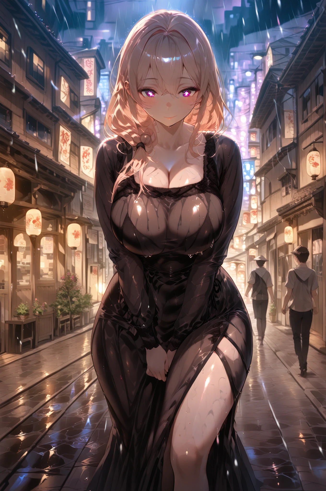 (masterpiece), best quality, expressive eyes, perfect face, perfect ??????? , long ribbons pink twintails, red eyes, cute blushy expression, gigantic breasts, sexy see through, wide hips, thicc thighs, short gothic dress, city streets background,
