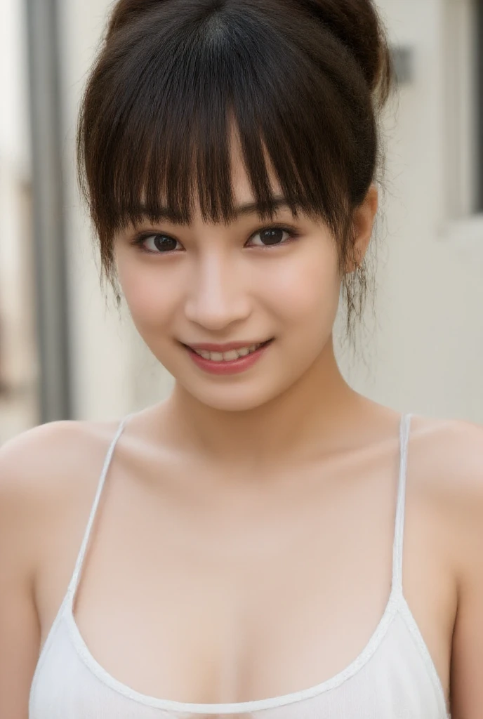 (NSFW、high-level image quality、high-detail、hightquality、hight resolution、Draw everything accurately in high resolution)、Very intense crystal light blue eyes、Very pale blue eyes、Smaller diamond-shaped earrings、Look firmly at the camera、Put your ears out、Beautiful short black hair、Beautiful very short beautiful hair with bangs、Show off all the beautiful décolletés、Beautiful 28 years old、lipgloss、long neck、happily laughing、Smiling very happily、Beautiful teeth alignment、Beautiful teeth、Beautie、Pretty Woman、Business shirt with a snow-white collar with open chest、Wide Open Color、Retrograde from the windowsill、Very immaculate background、Really snow-white background、Slightly bigger eyes、Brings intense light to the eyes、rather broad shoulders、tall supermodel、Long-legged supermodel、Female sexy、Turn your face slightly to the side、Very mature and beautiful woman、Very small face、Smile at your audience、very large beautiful breasts、Very big、Very beautiful cleavage、Tactile bangs