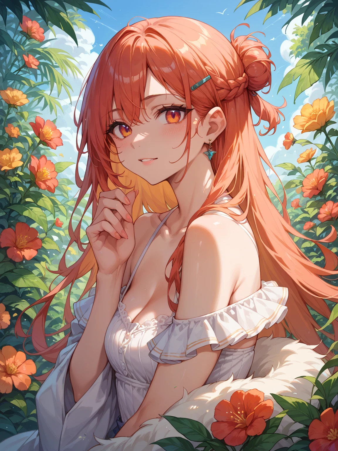masterpiece, best quality, sunlight, white jasmine, petals, garden, outdoors, 1girl, solo, cleavage, off-shoulder, expressionless, (red hair), long hair, {{{Eye red and gold}}},head flower, (hiten1:0.8), detailed hands