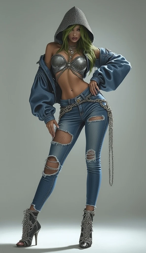 mannequin fashion sketch full body full body runway model wearing ripped jeans baggy jeans jeans cargo destroyed blue jeans look with jeans and gold bikini in a minimalist white setting